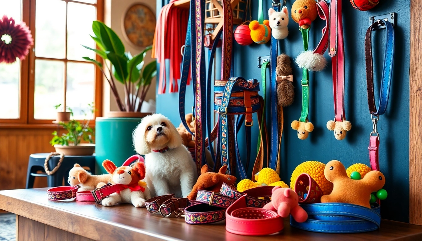 Showcase of unique pet accessories including collars and leashes in a cozy setting.