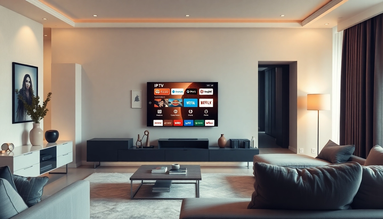 Enjoy streaming with IPTV Suisse in a sleek living room featuring a modern TV.