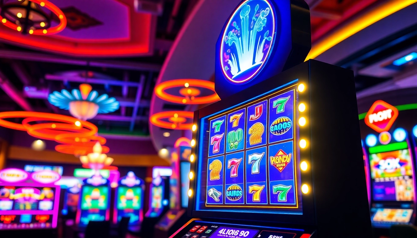 Engaging scene of a slot gacor machine in action, showcasing vibrant lights and players enjoying their experience.