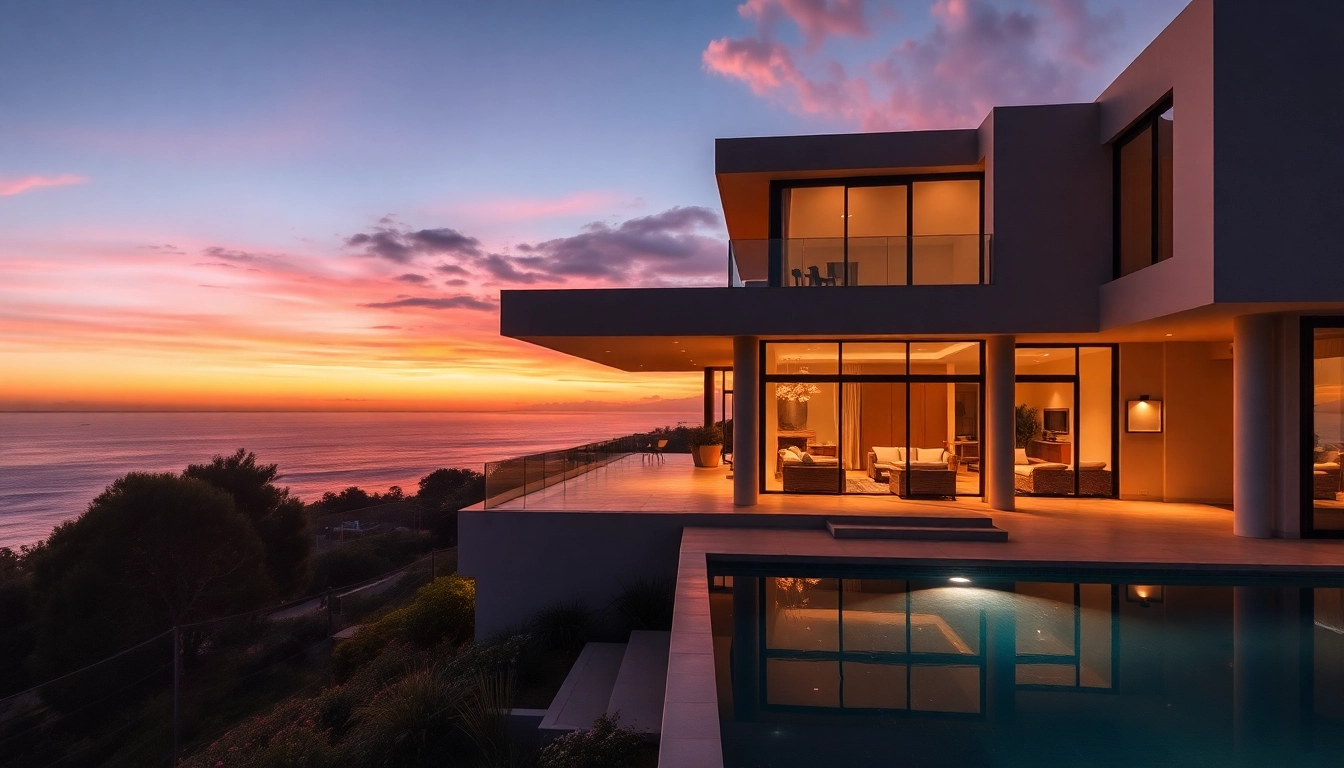 Showcasing villa sales with a luxurious oceanfront villa featuring modern architecture and a stunning sunset.