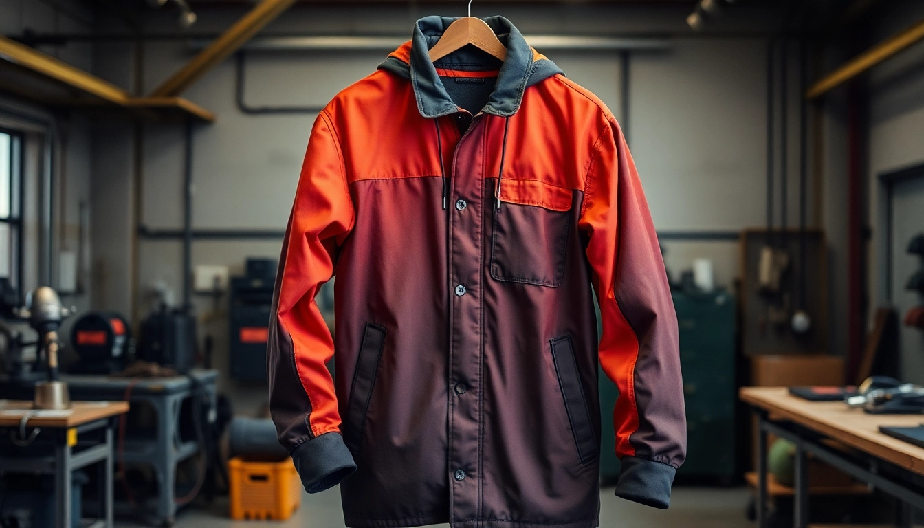 Showcasing a welding jacket designed for safety, highlighting its flame-resistant features and industrial context.