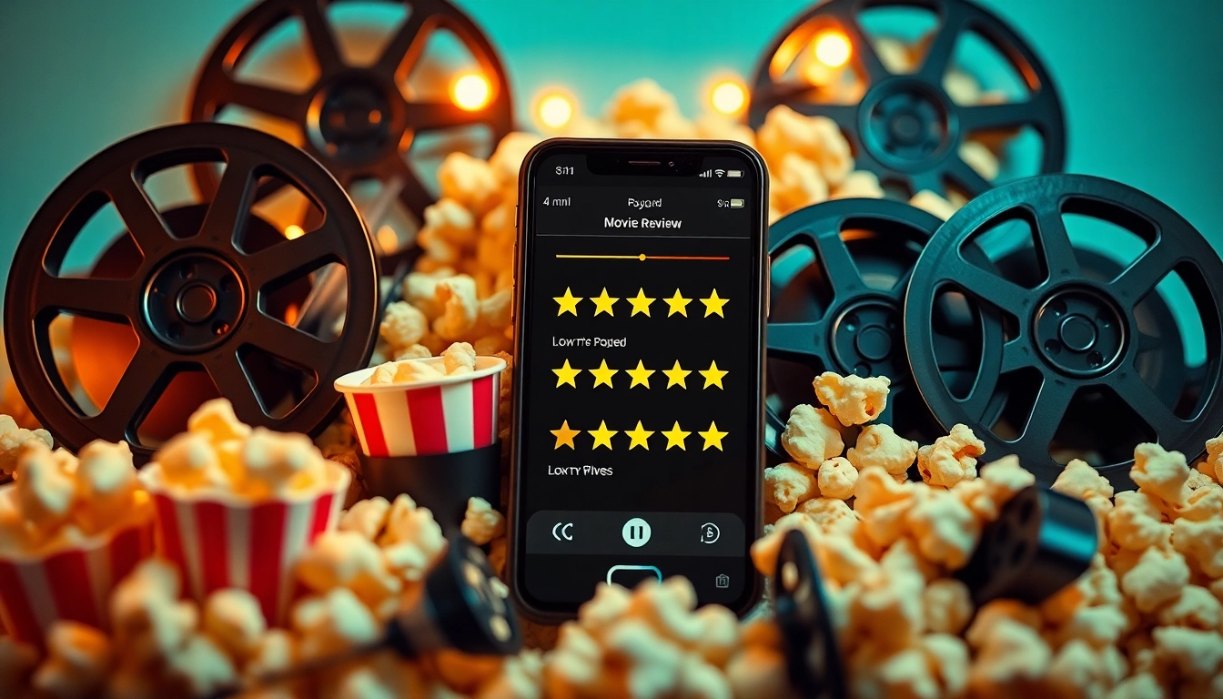 Engaging graphic depicting movie reviews and ratings with film elements and a smartphone for visual impact.