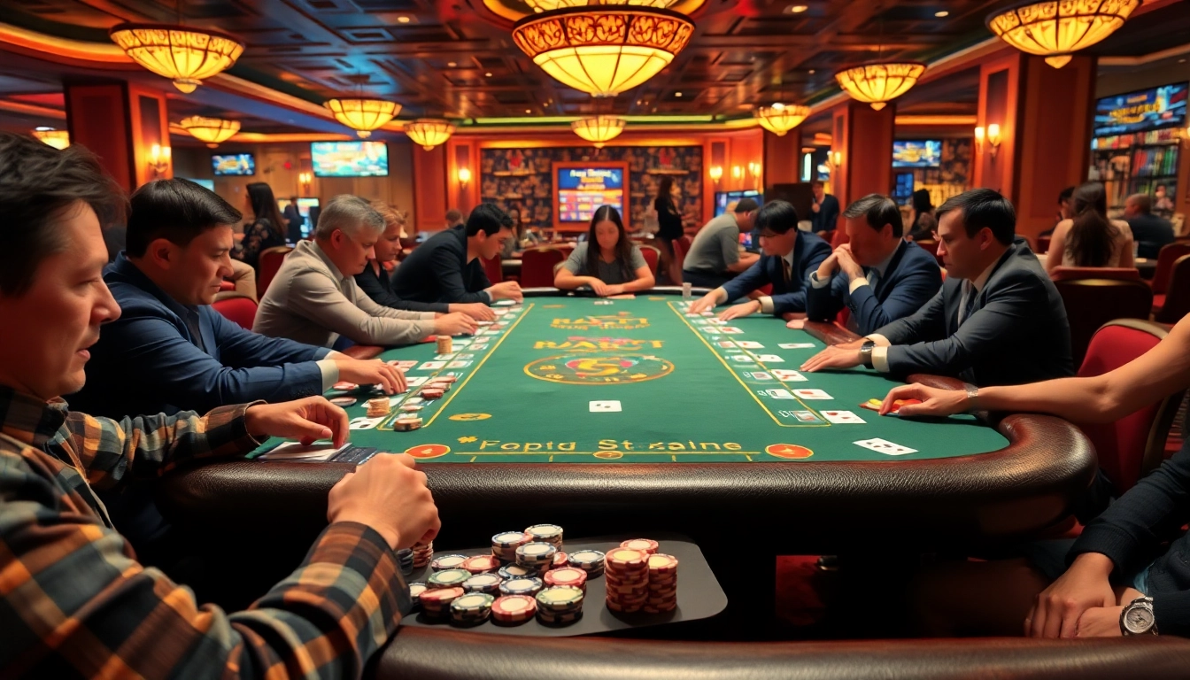 Experience the thrill of the best casino game with players enjoying intense gameplay around a vibrant casino table.