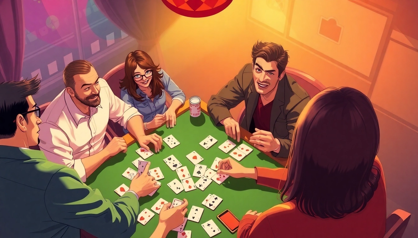 Engage in the thrilling rummy wealth game with players focused on their strategies and vibrant cards.