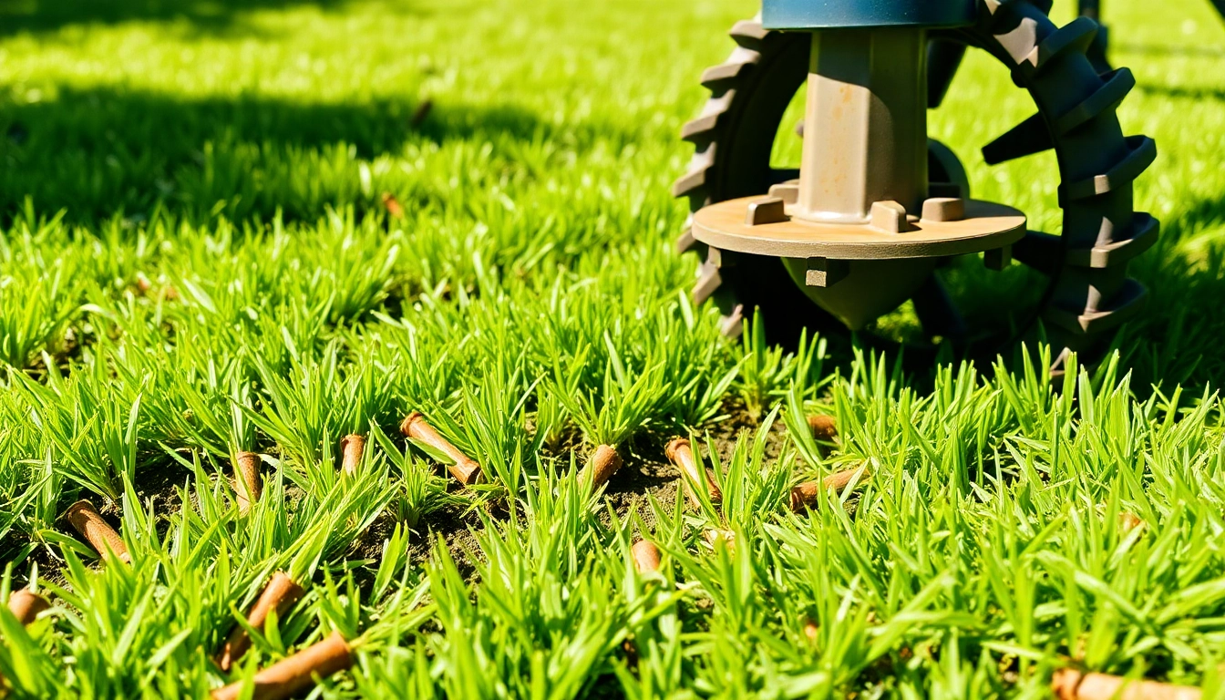 Core aeration process demonstrating a lawn aerator removing soil plugs to enhance soil health.