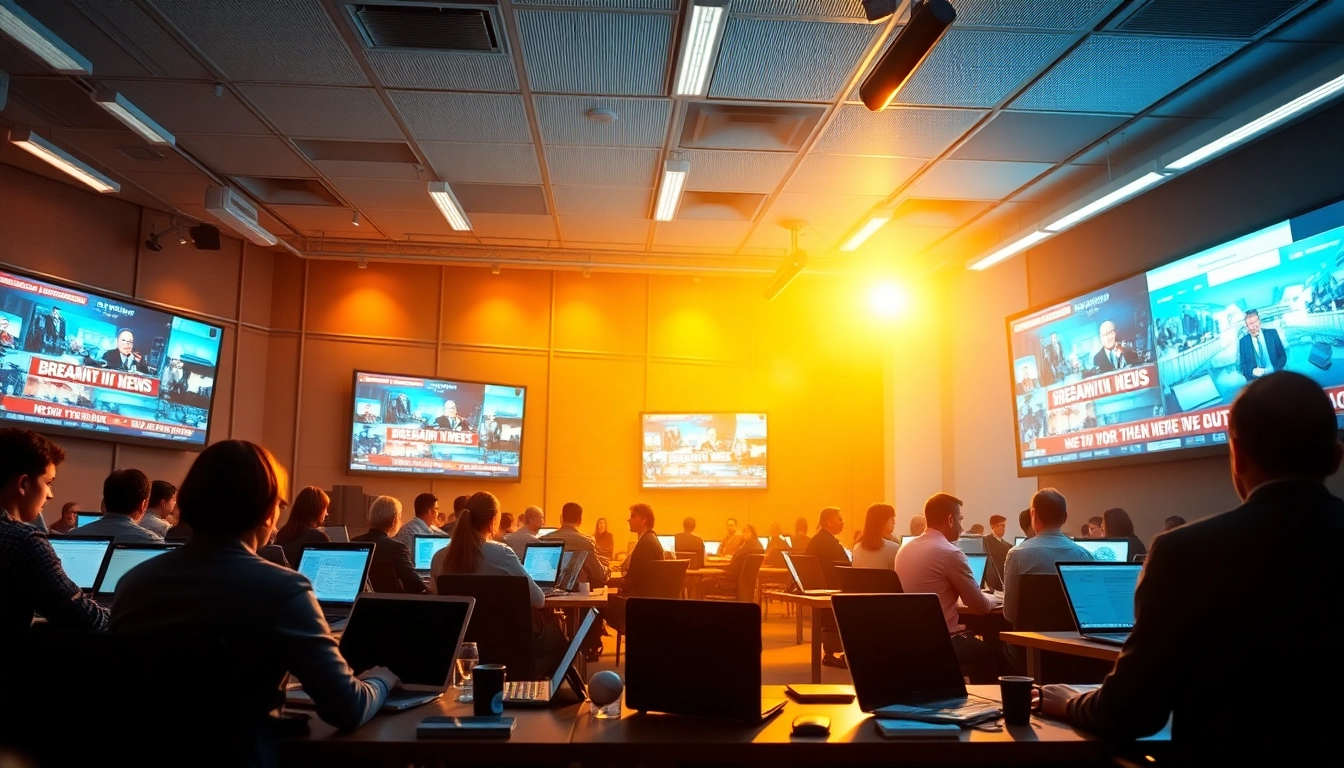 Latest news updates displayed on screens in a busy newsroom setting.