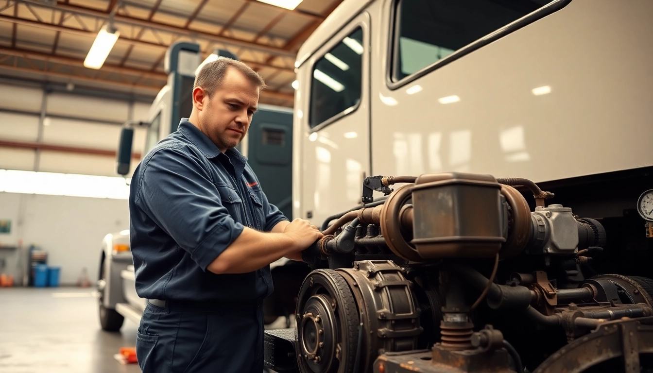 Experienced diesel mechanics near me efficiently repairing a commercial truck in a bright garage.