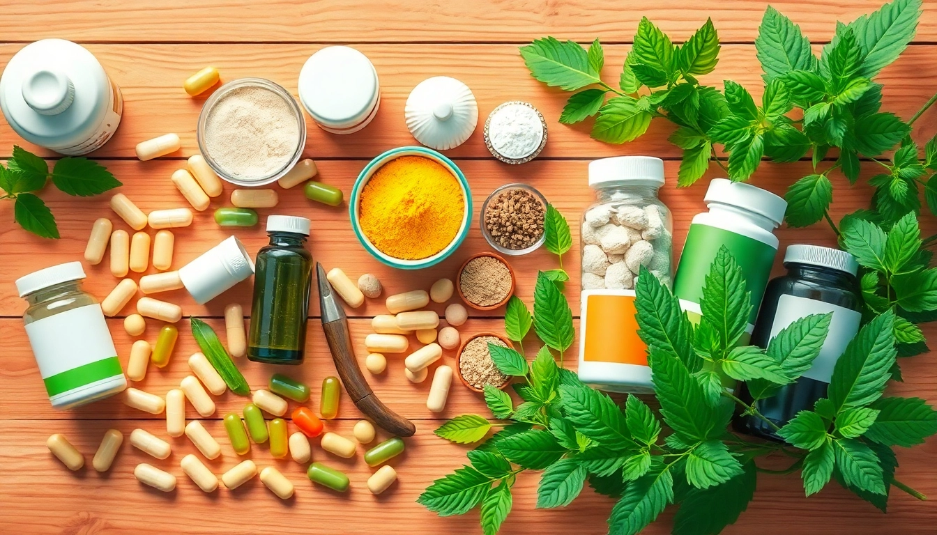 Showcasing dietary supplements on a wooden table with herbs to highlight health benefits.