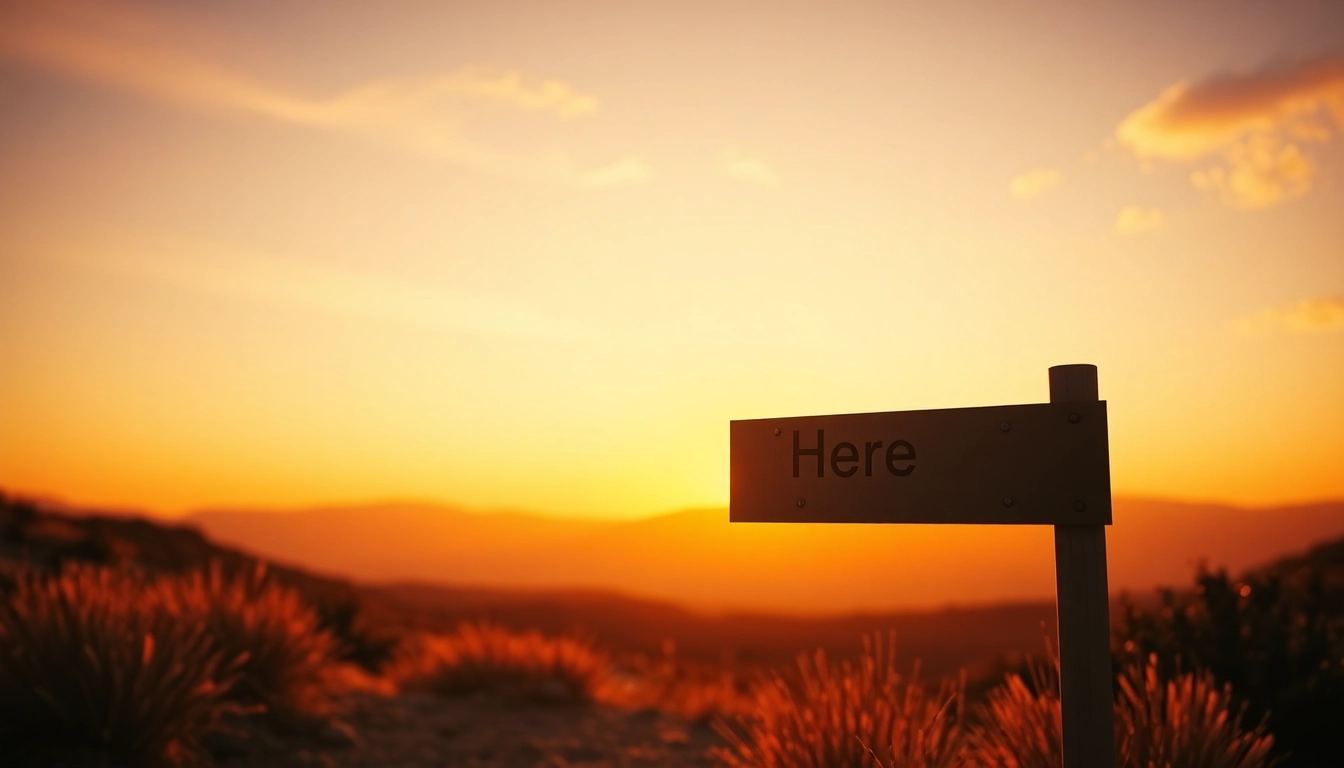 Explore the scenic view marked by the sign "Here" inviting viewers to discover the beauty of the landscape.