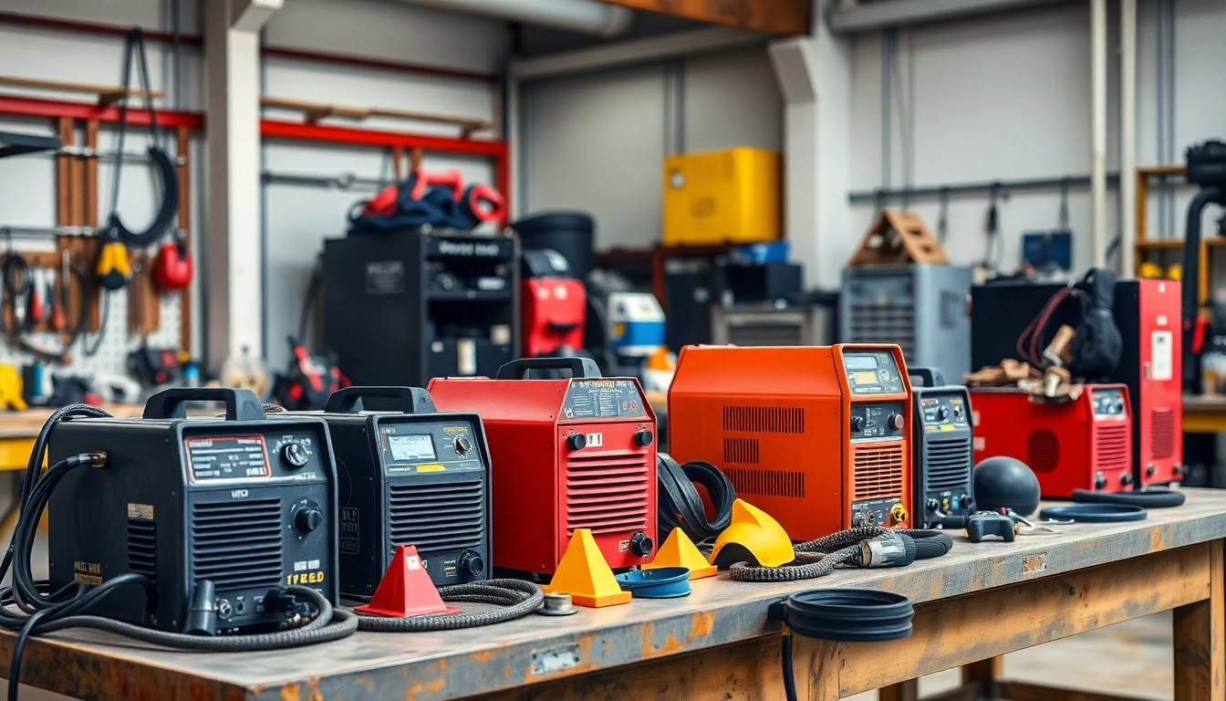 Showcase various welding supplies, including helmets and machines, in a professional workshop setting.