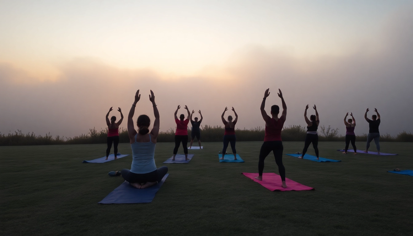 Participants engaged in a peaceful yoga session Here amidst a breathtaking sunrise and serene natural landscape.