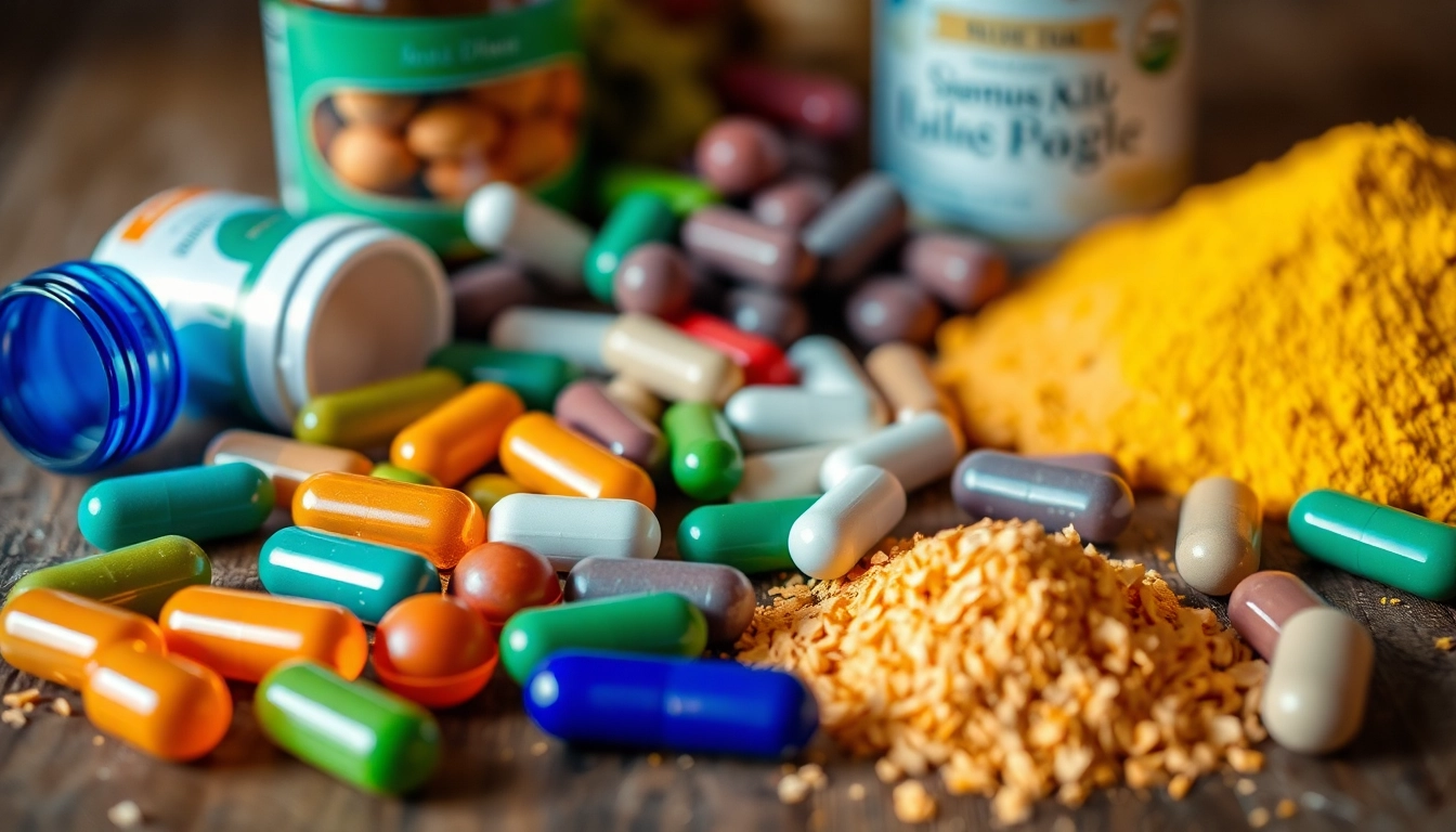 Showcase of vibrant dietary supplements in capsules and powders, appealing to health-conscious consumers.