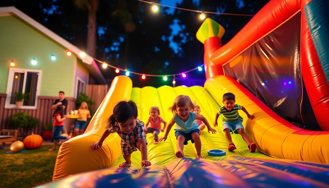 Children enjoying a slide rental at a vibrant outdoor party with colorful settings.