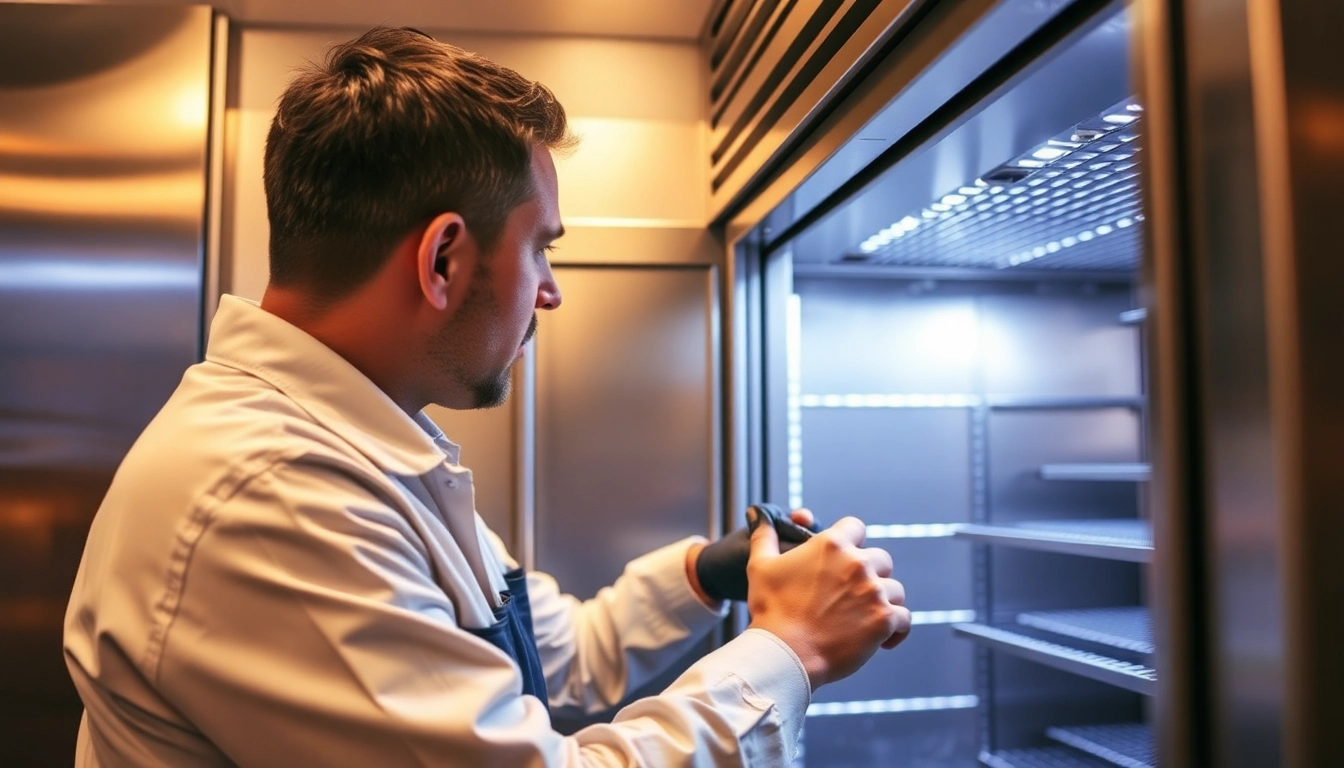 Skilled technician conducting walk in freezer repair in a commercial setting, ensuring optimal functionality.