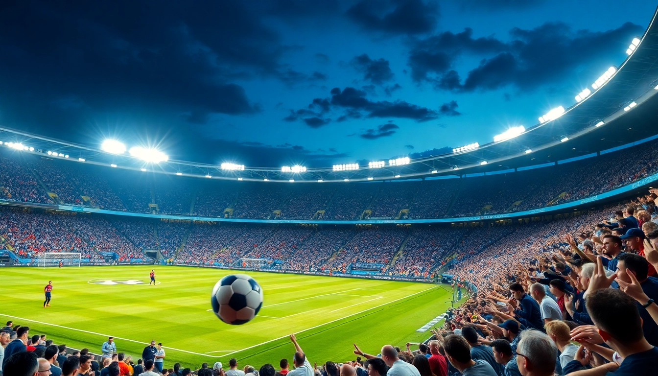 Watching เว็บดูบอล live with enthusiastic fans in a vibrant football stadium atmosphere.