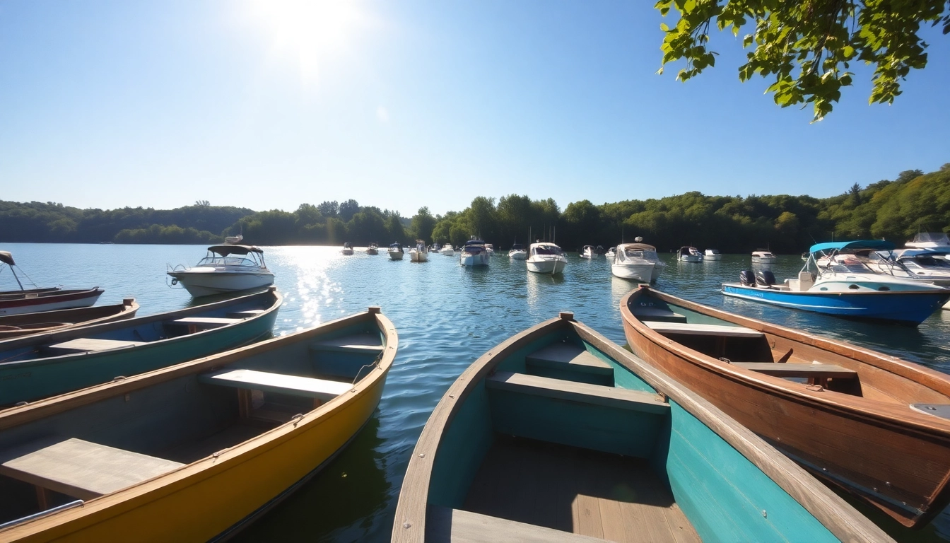 Experience lake boats gliding smoothly across a calm lake, highlighting their colorful designs against a lush backdrop.