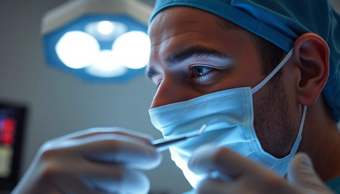 Surgeon conducting a hair transplant procedure, showcasing precision and advanced techniques in a sterile environment.