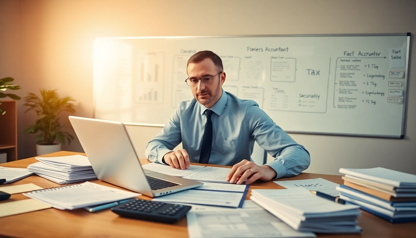 Prepare Self Assessment Tax returns with a focused accountant at work amidst financial tools.
