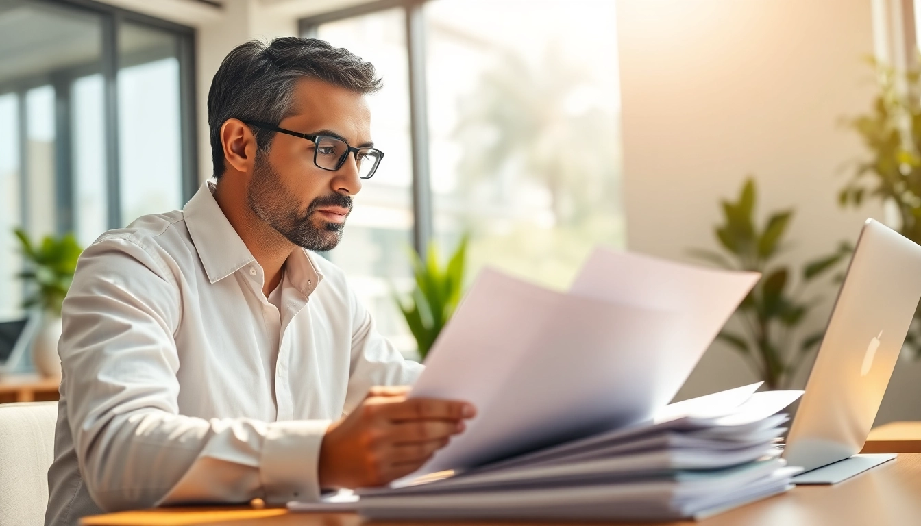 Get GCMS notes with an immigration consultant analyzing documents in a modern office.