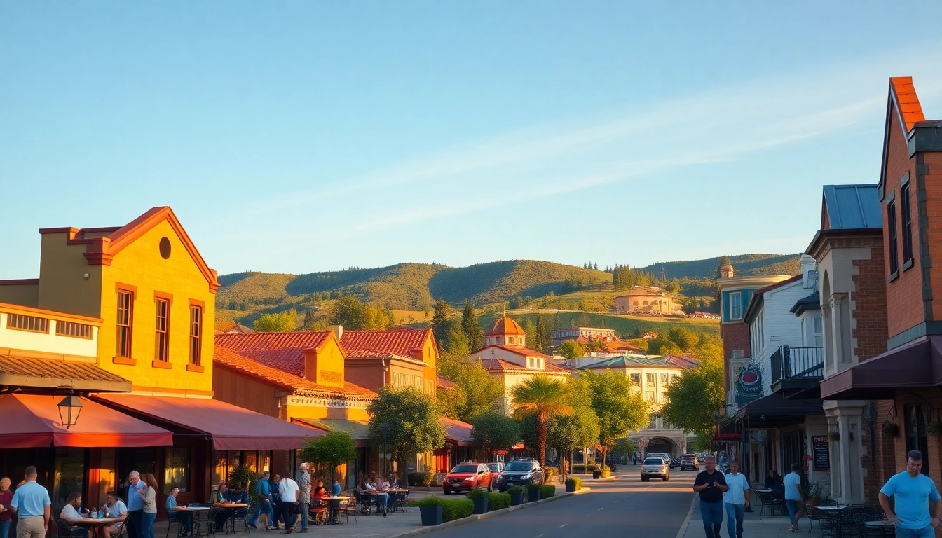 Clarksburg’s lively street scene with vibrant cafes and surrounding nature.