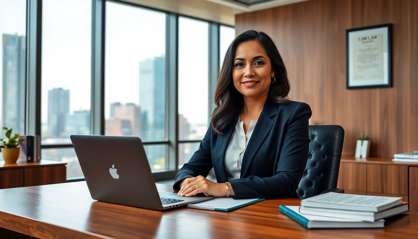 Abogada confidently advising clients in her modern office filled with legal texts.