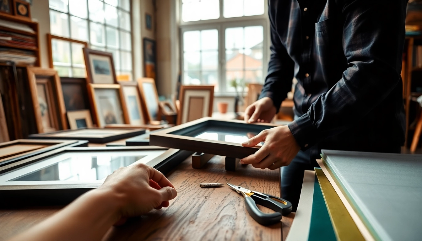 Custom framing in a professional workshop, highlighting hands-on framing process and various materials.