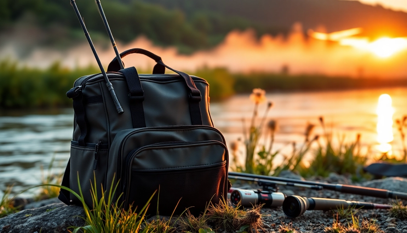 Showcasing a versatile fly fishing bag near a scenic riverbank at sunset.