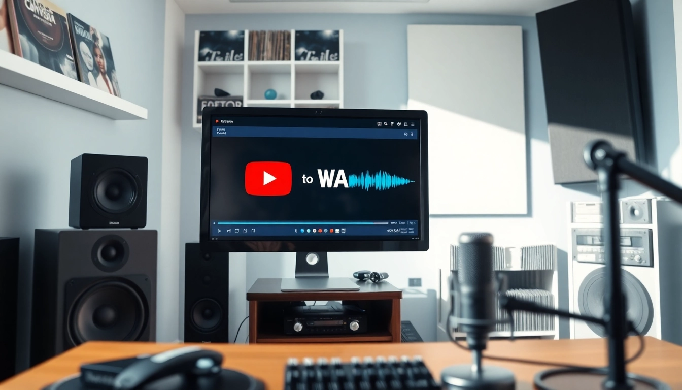 Convert YouTube to WAV format with professional audio equipment in a bright studio.