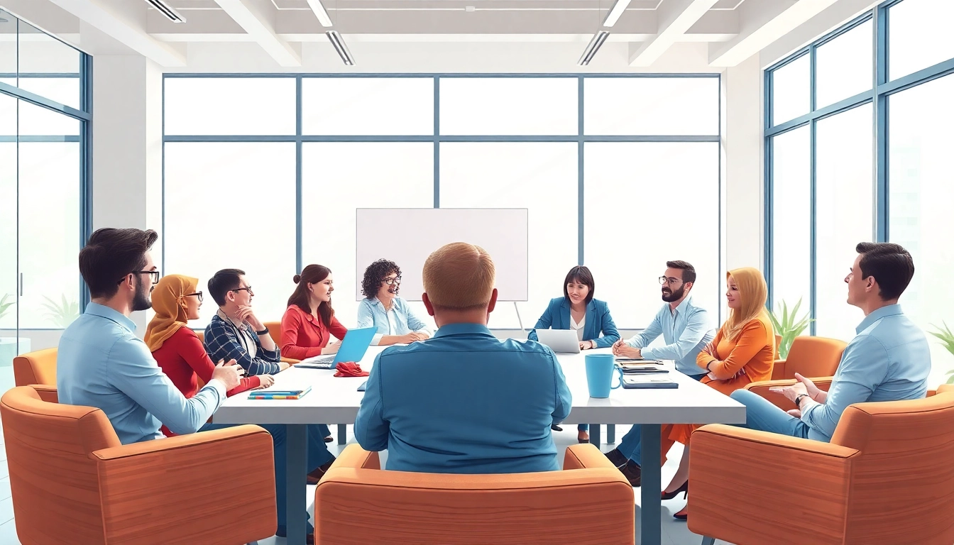 A collaborative scene showing a business coaching service in action with a diverse group of professionals engaged in learning.