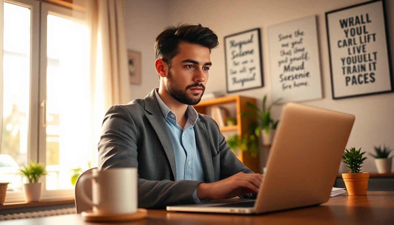 Engaging work from home scene of a professional in a cozy home office setup.