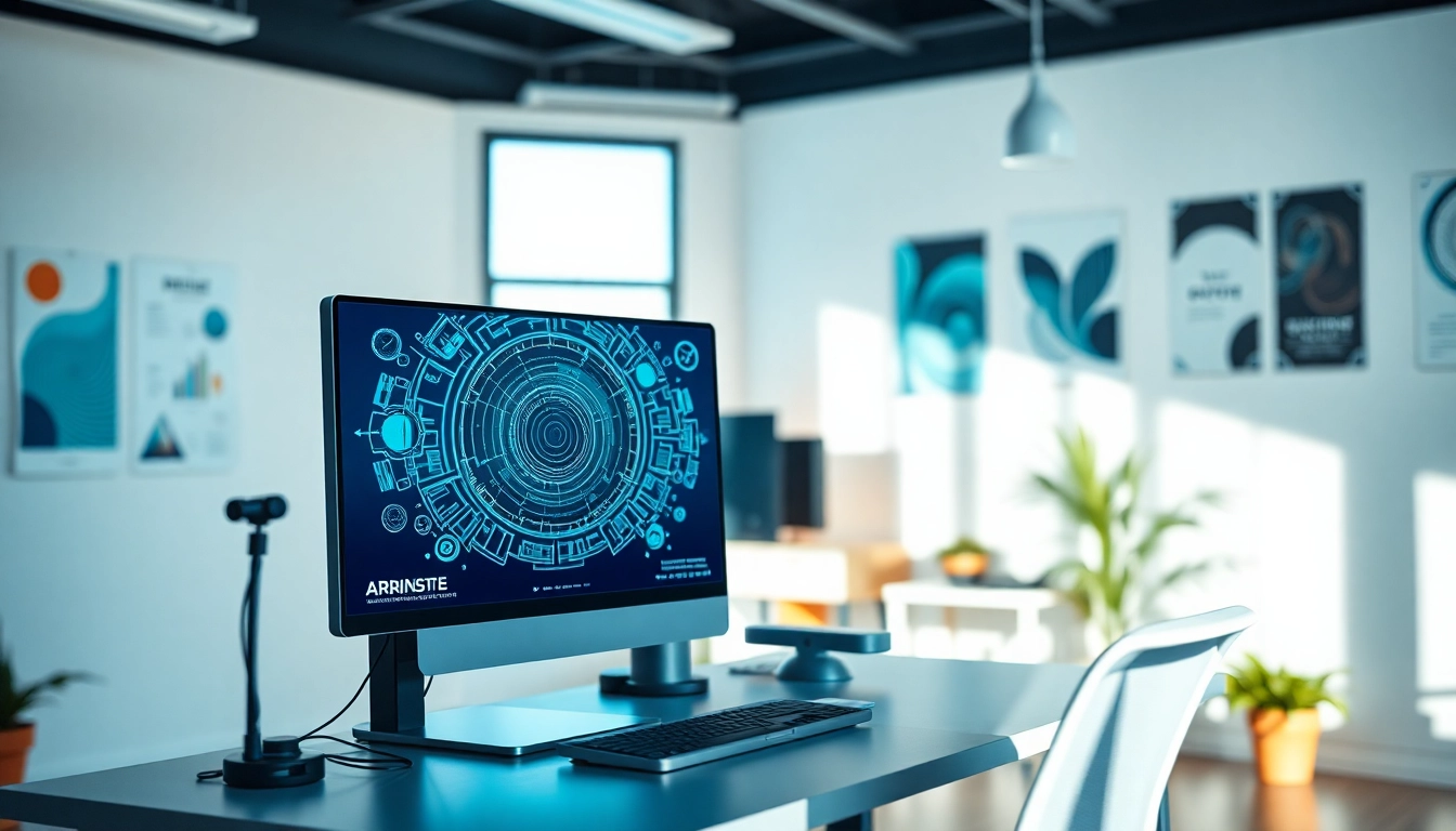 Showcasing affordable AI graphic design services with a designer working in a modern office.