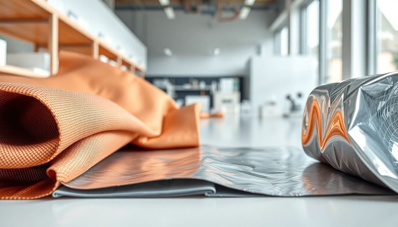 Showcase of various emi shielding materials highlighting copper and aluminum textures in a clean lab setup.