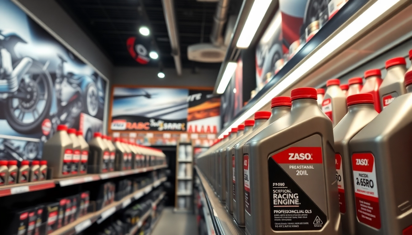 Showcase of racing engine oil in a vibrant automotive store, highlighting quality products.