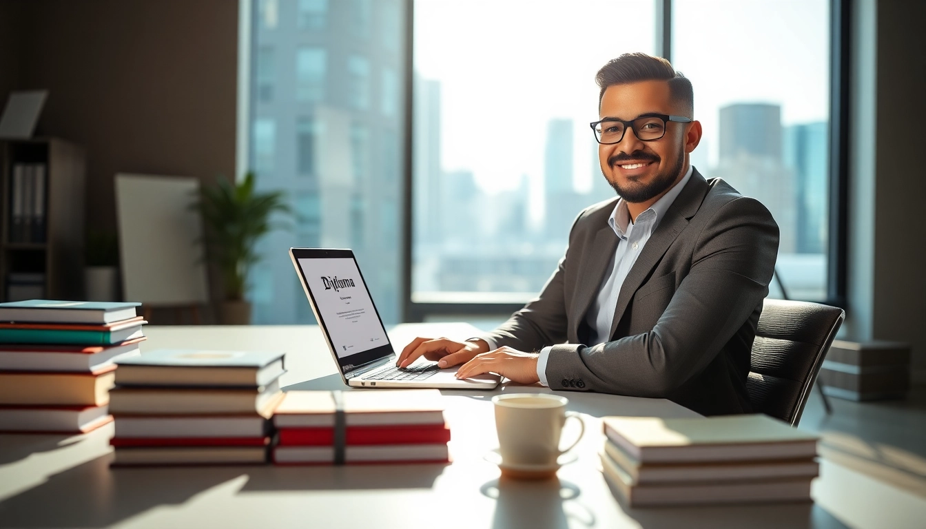 Buy a degree online represented by a confident individual at a desk with a laptop and diploma.