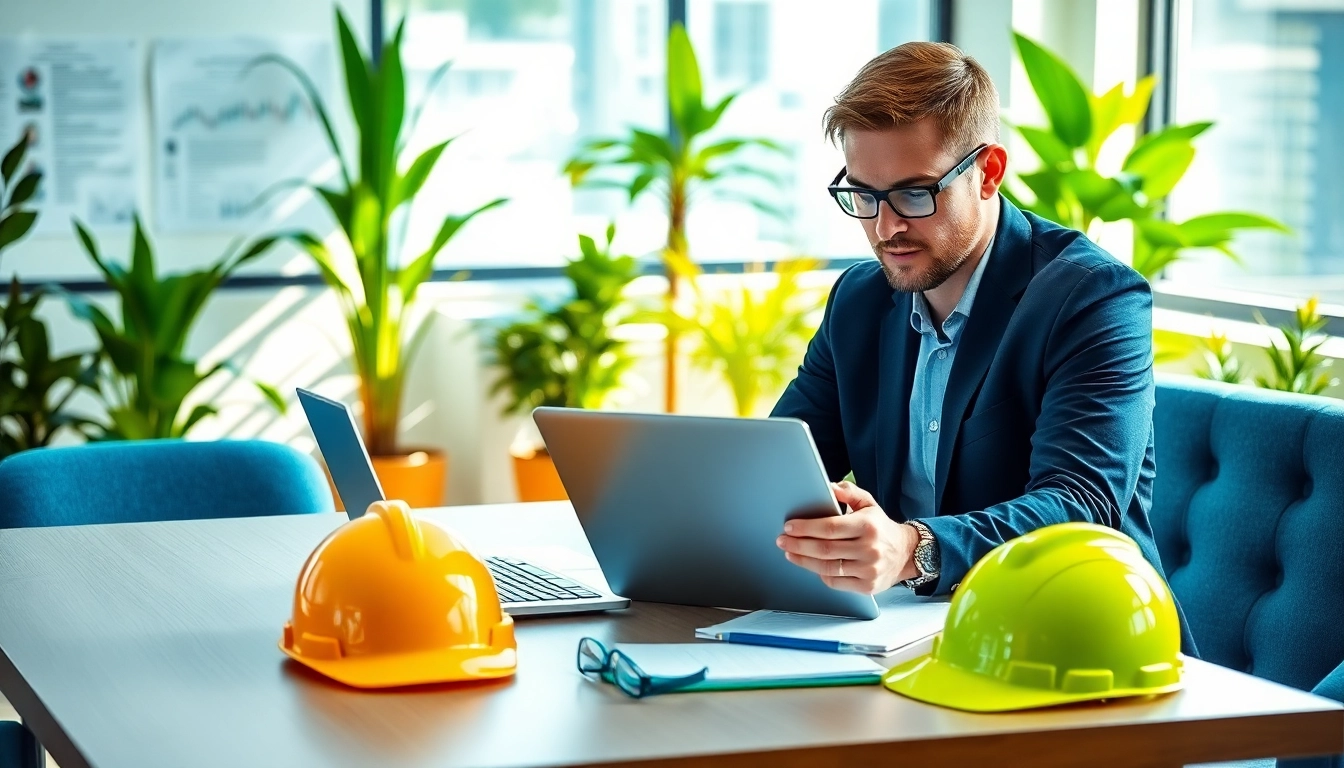 Environmental Health & Safety (EHS) Consultant analyzing data in a modern office setting with sustainability elements.