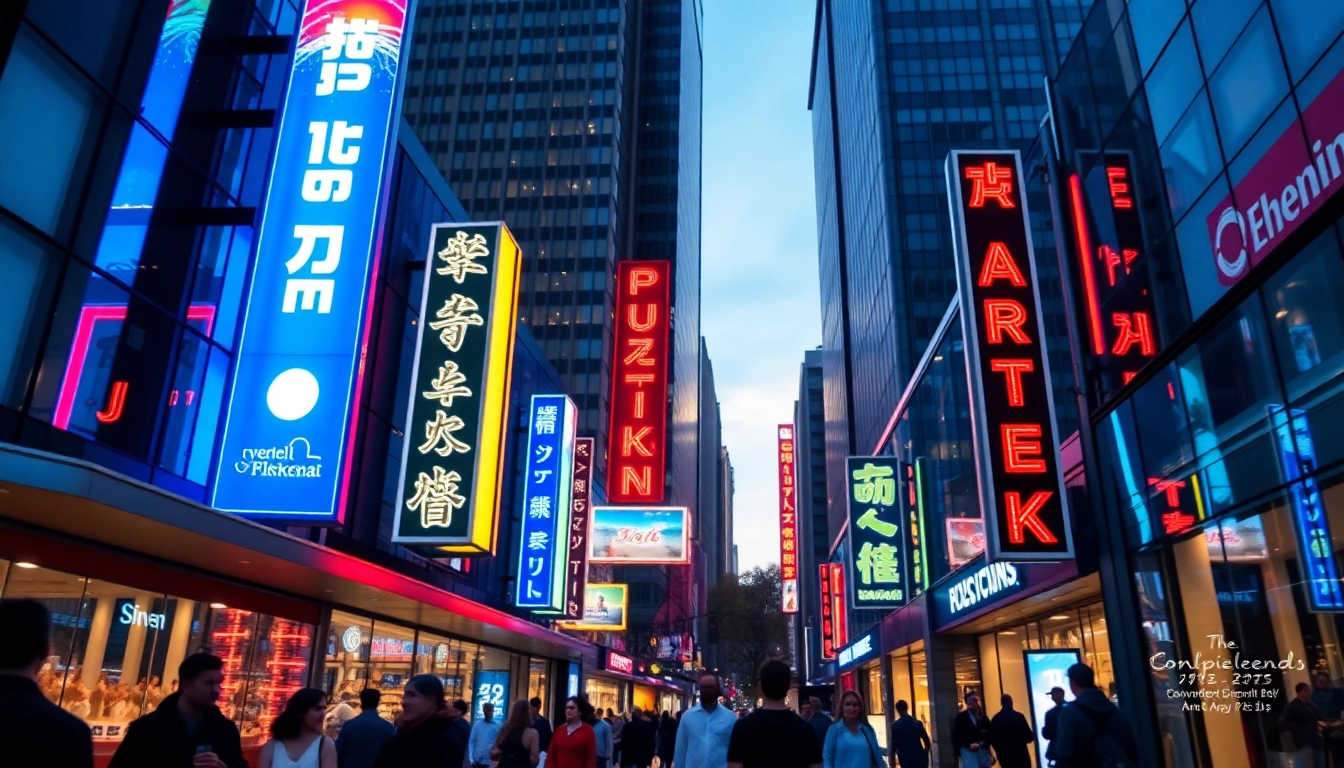 Enhance visibility with vibrant electrical signs illuminating a busy city street.