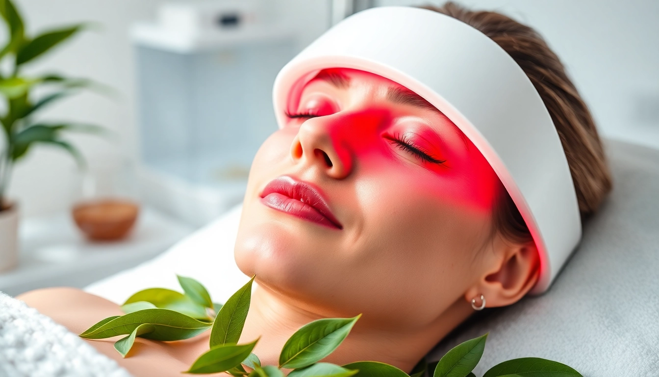 Experience green tea and red light therapy in a serene skincare setting promoting skin rejuvenation.
