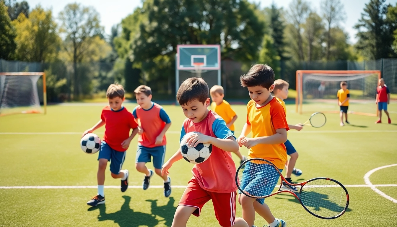 Active boys at Multi Sports Camps for Boys enjoying various sports like soccer and basketball.