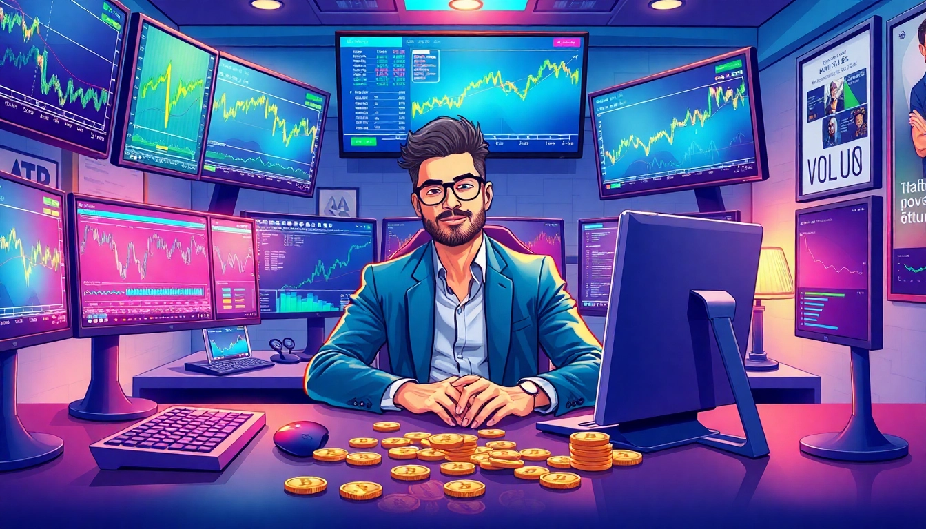 Crypto degen engaging with multiple screens showing dynamic cryptocurrency charts.