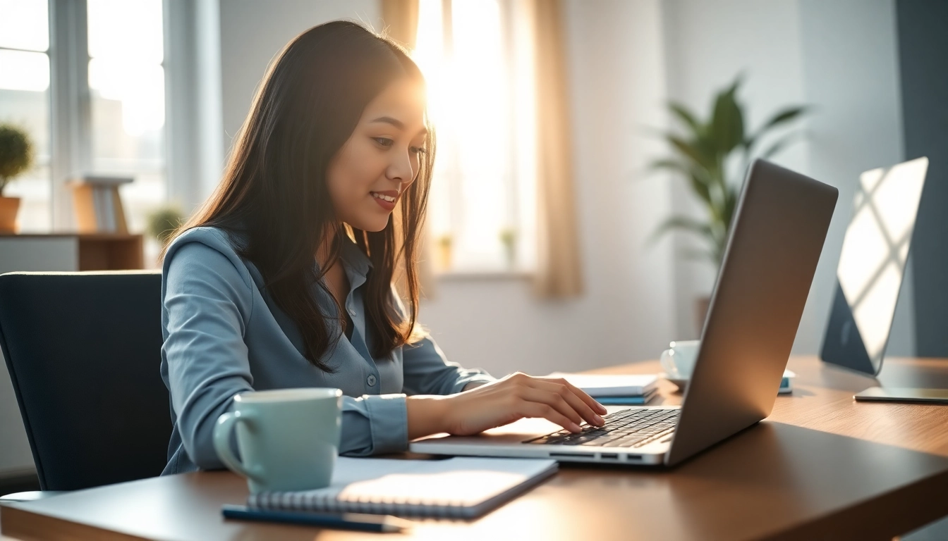 Showcase virtual assistant jobs Philippines as a Filipino woman works in a bright modern home office.