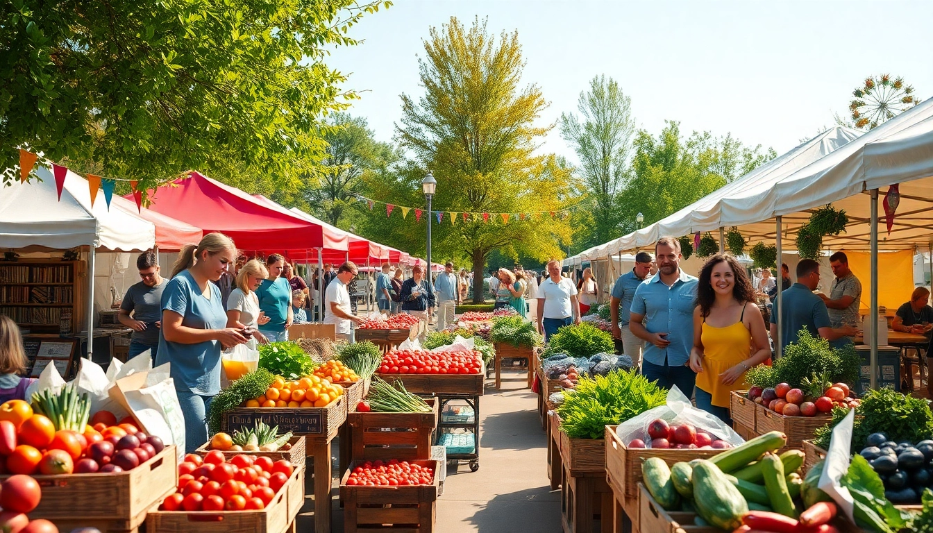 Clarksburg local farmers market with vibrant stalls and community members enjoying the atmosphere