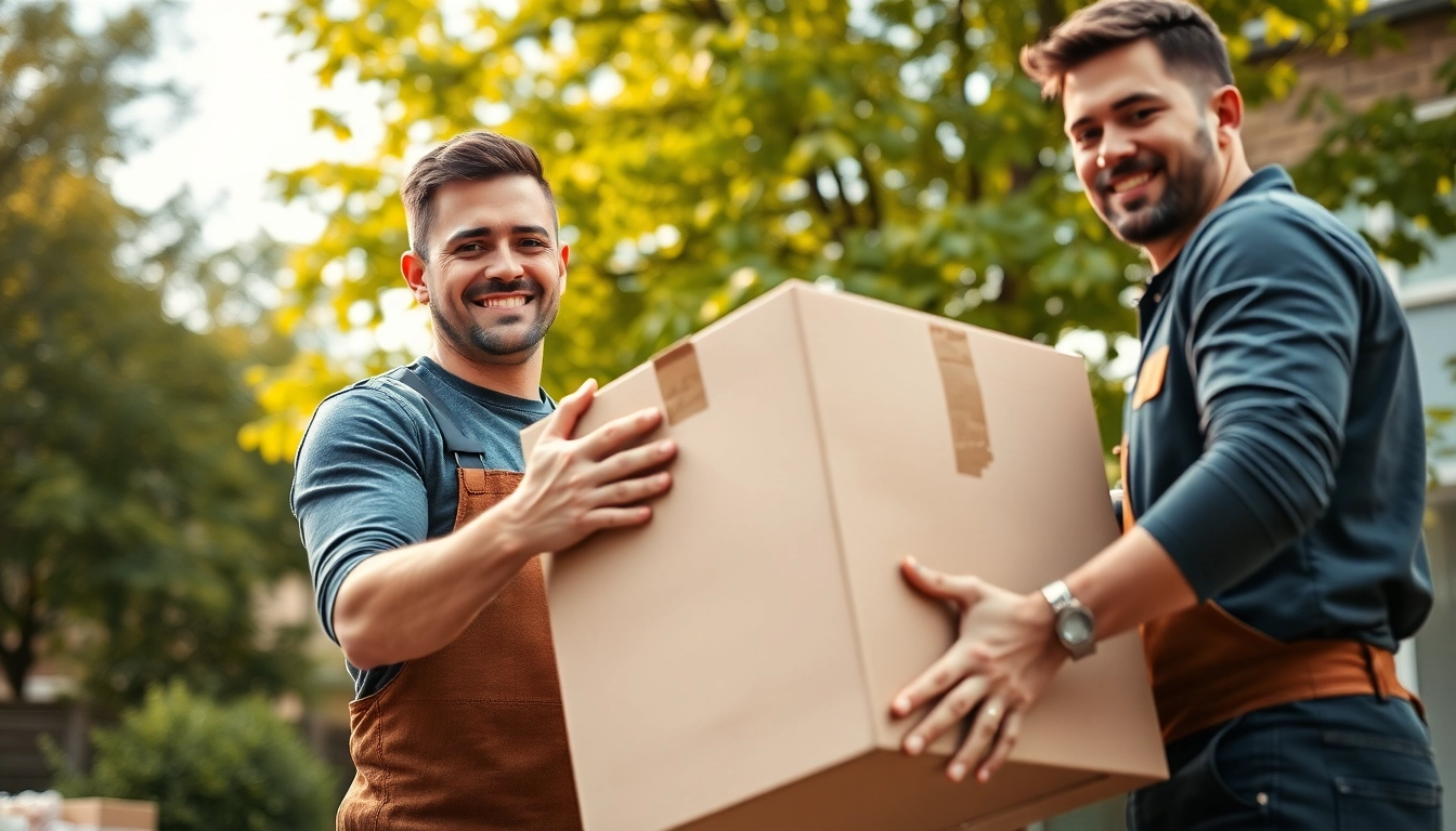 Efficient removal company east London team lifting boxes during a move in a sunny environment.