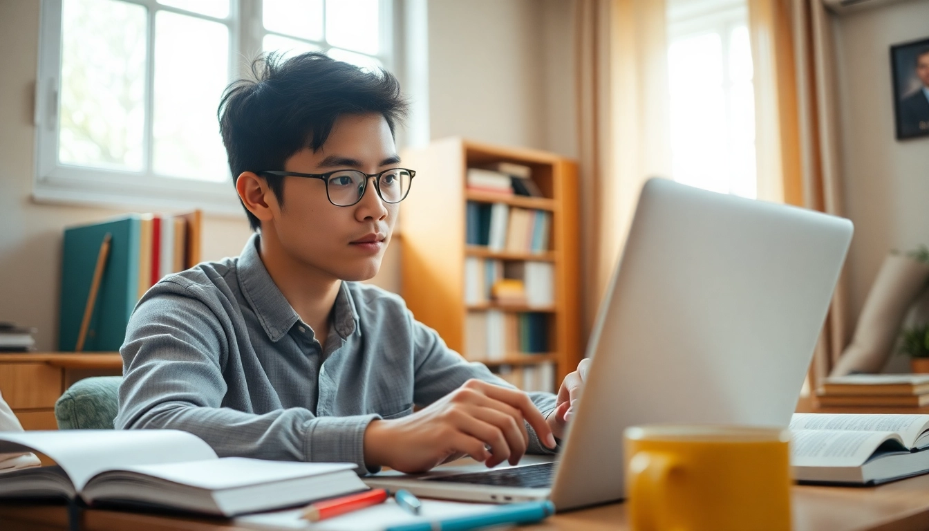 Study session for the Duolingo English Test featuring a focused student in a bright study space.