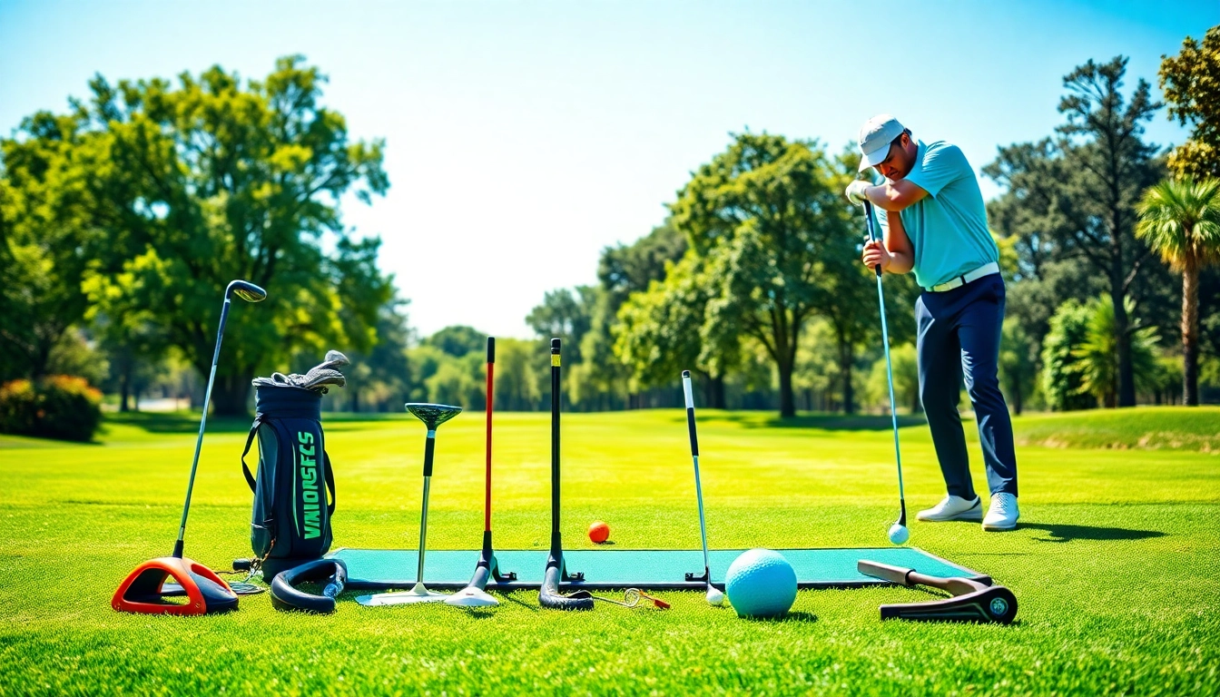 Golfer using golf training aids on the driving range to enhance performance.