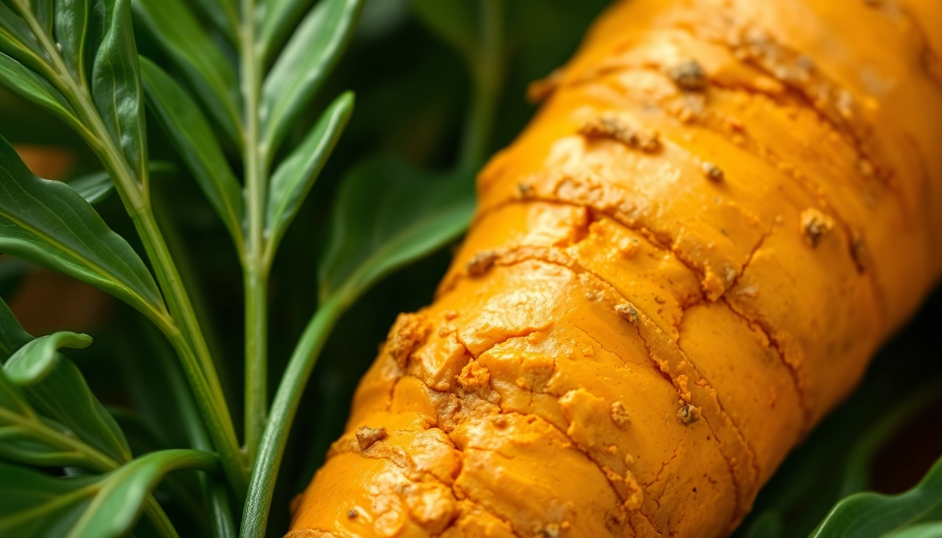 Turmeric Root nestled among fresh green leaves, showcasing its textured skin and vibrant color.