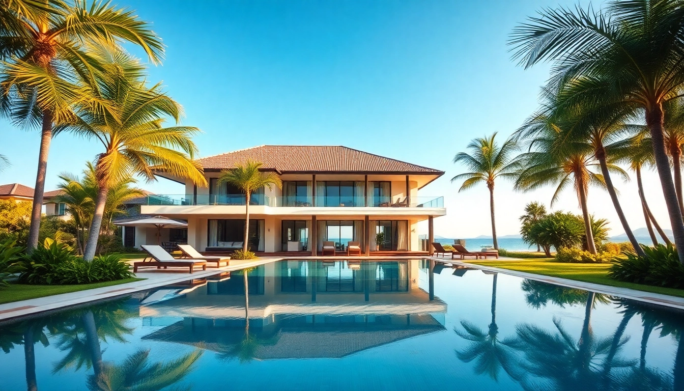 Villa rentals in Phuket showcasing a luxurious villa with a swimming pool and tropical gardens.