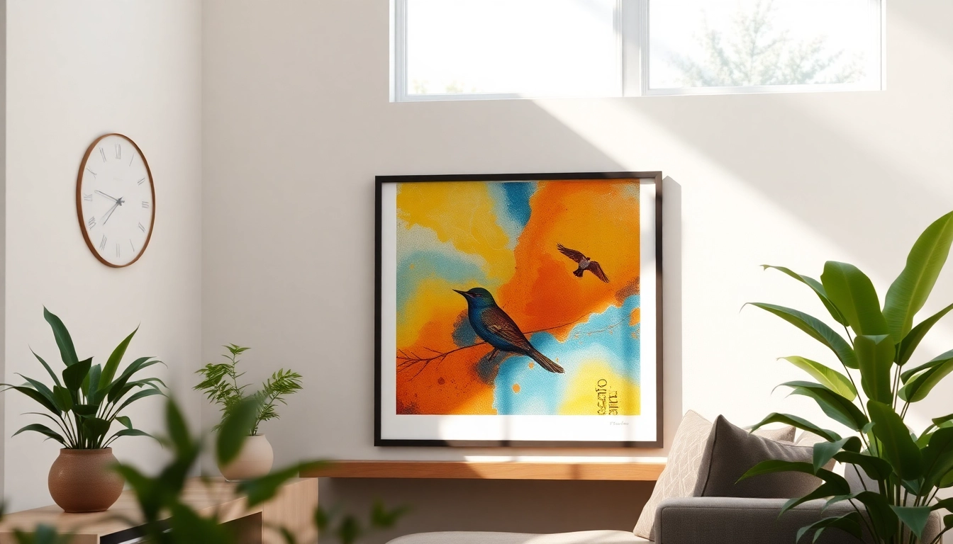 Showcase a stylish 36x48 frame displaying vibrant art in a modern living room setting.