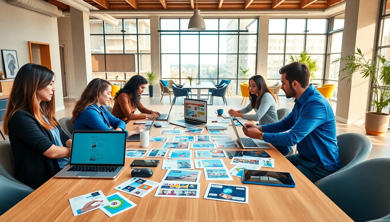Collaborative environment of a social media agency team engaged in creative brainstorming sessions.