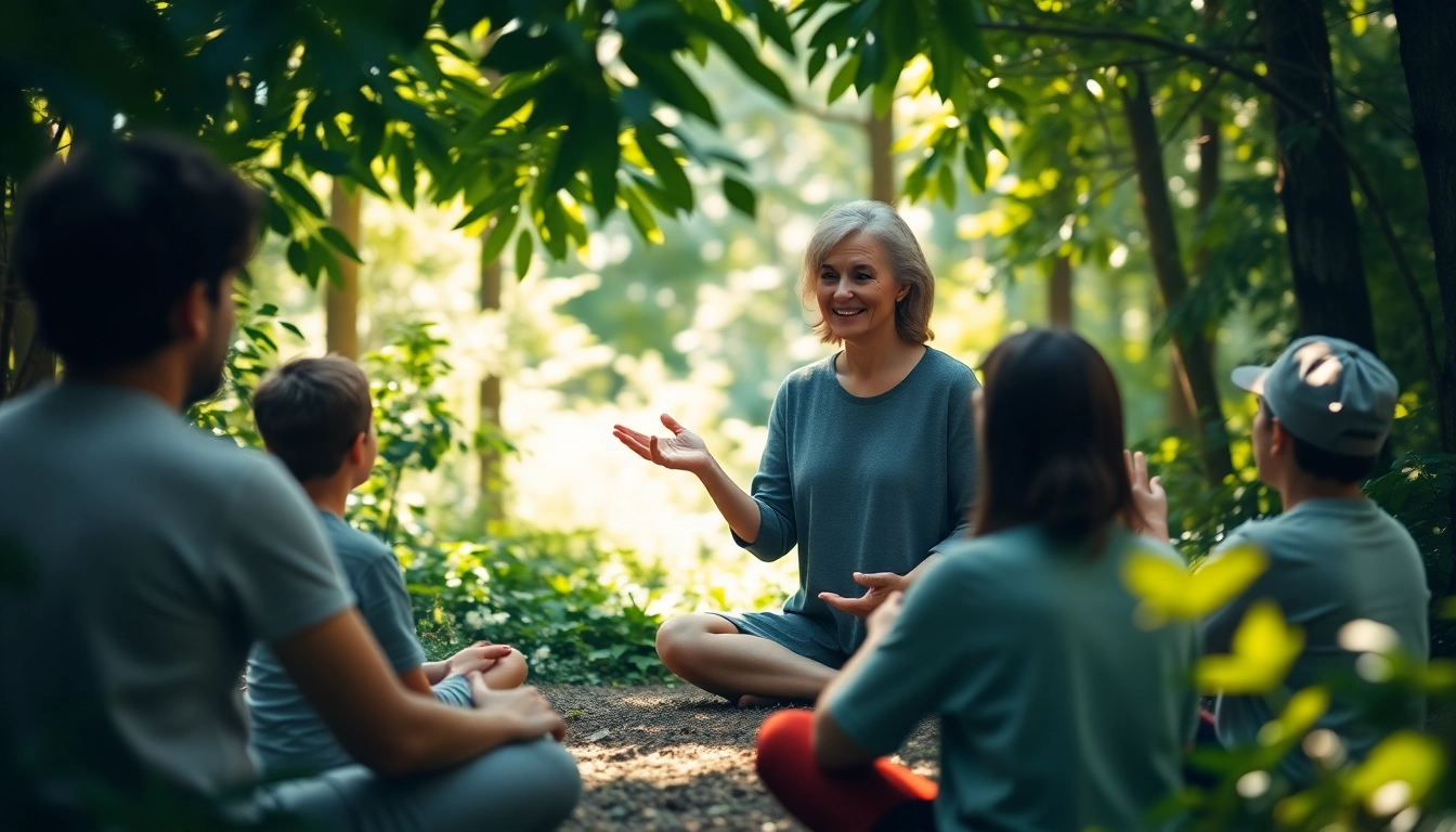 Mindfulness Coach UK leading a group in a peaceful forest setting, promoting relaxation and focus.