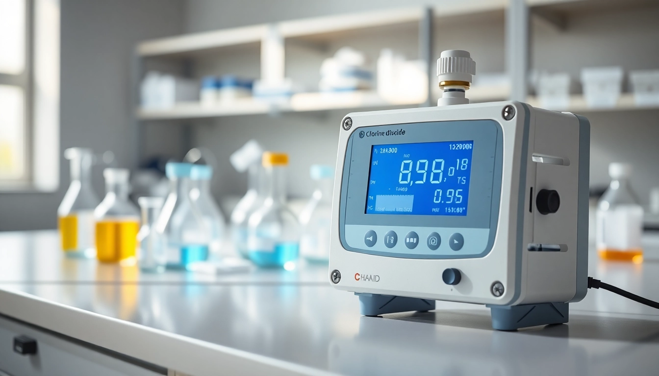 Inspecting a Chlorine Dioxide monitor amidst laboratory equipment for accurate measurements.